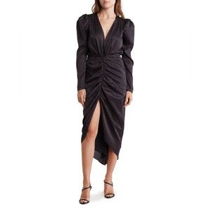 Torn by Ronny Kobo Dress Women’s Black Leopard Midi Satin Jacquard Ruched EUC